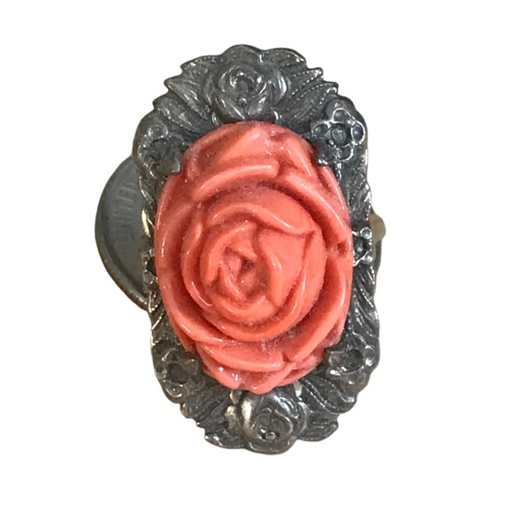 Coral Rose Silver Art Deco Style Ring size 4.25 - Picture 2 of 16